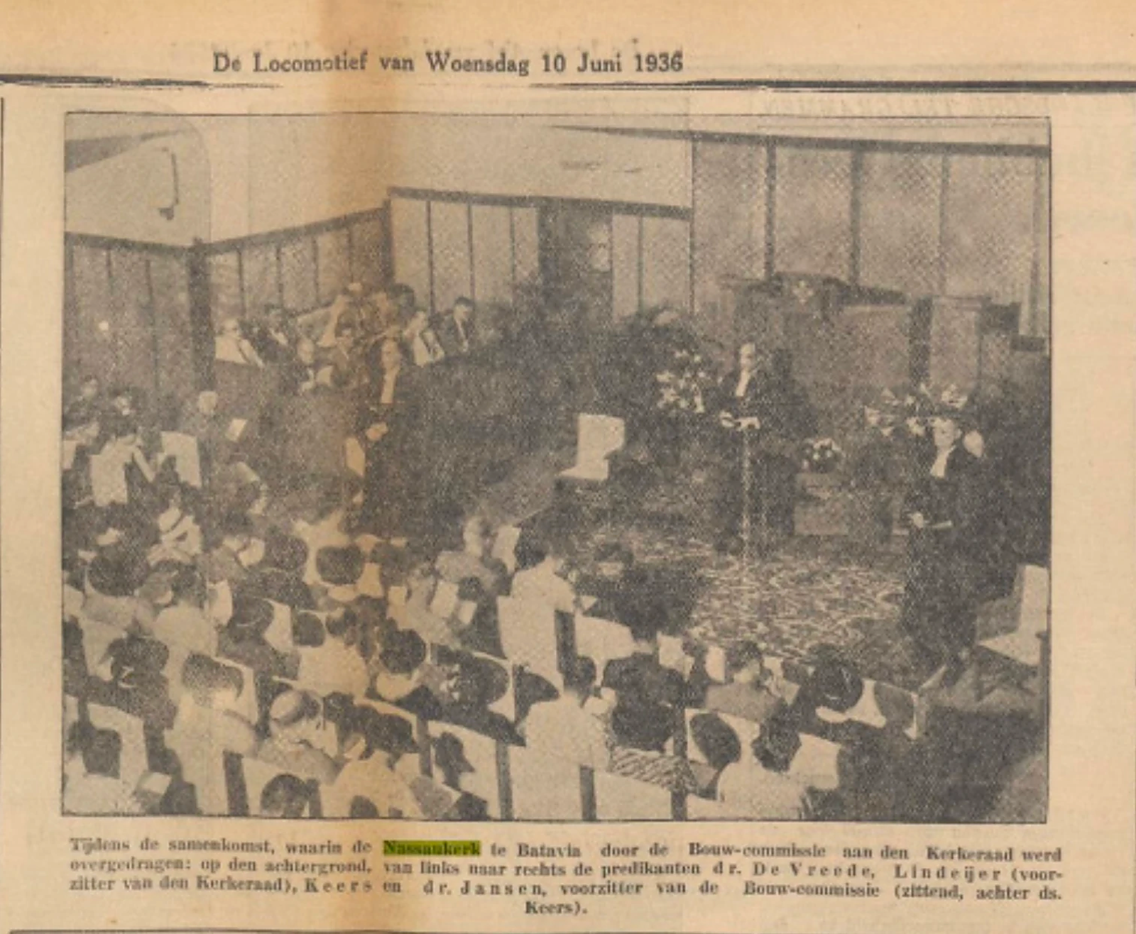 Liputan surat kabar De Locomotief, 10 Juni 1936, tentang penyerahan gedung Nassaukerk